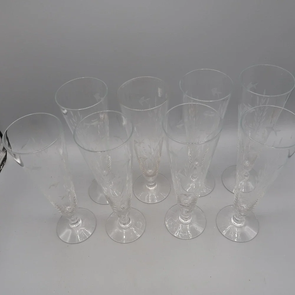 Princess House Heritage Cut Fish Etched Footed Pilsner Beer Glasses Set of 8